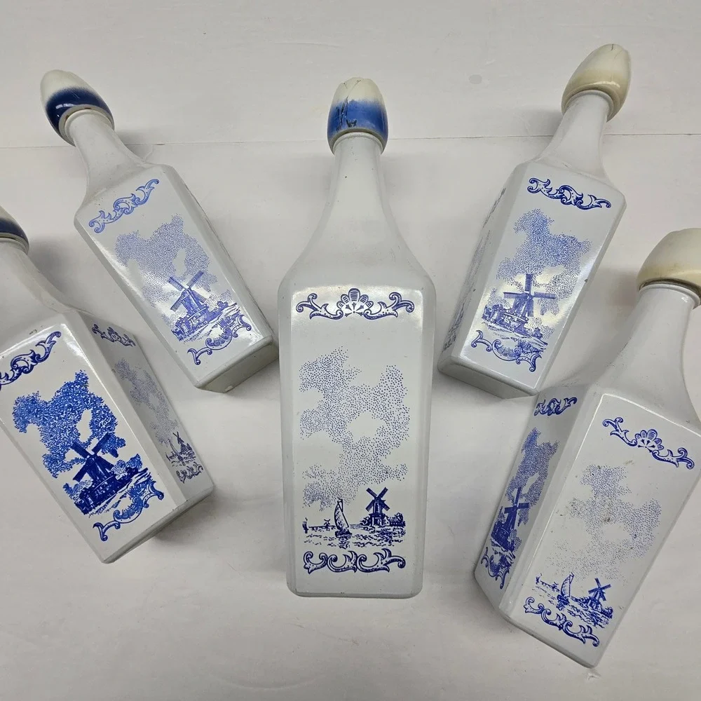Vintage Delft Style Liquor Bottles Set 5 White Blue Windmill Tulip Decanter